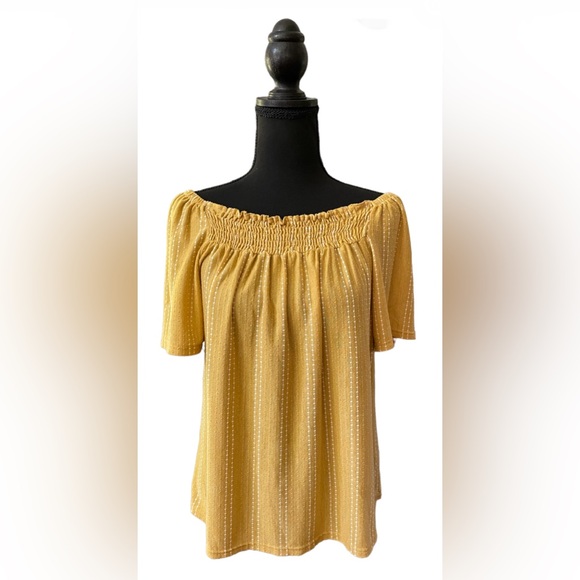 W5: BoHo Peasant Style Mustard Blouse with White Stripes - Picture 1 of 17